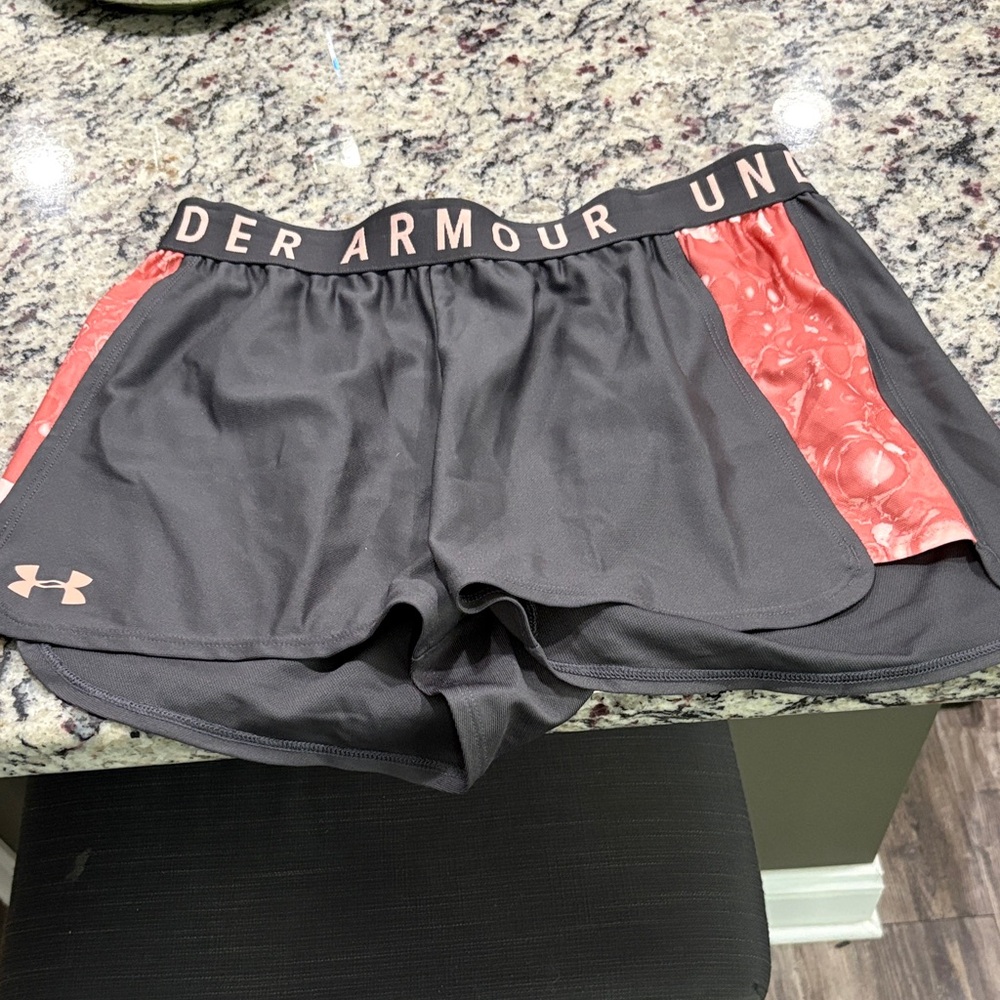 Under Armour Black Athletic Shorts with Coral Accent Panels and Logo Waistband